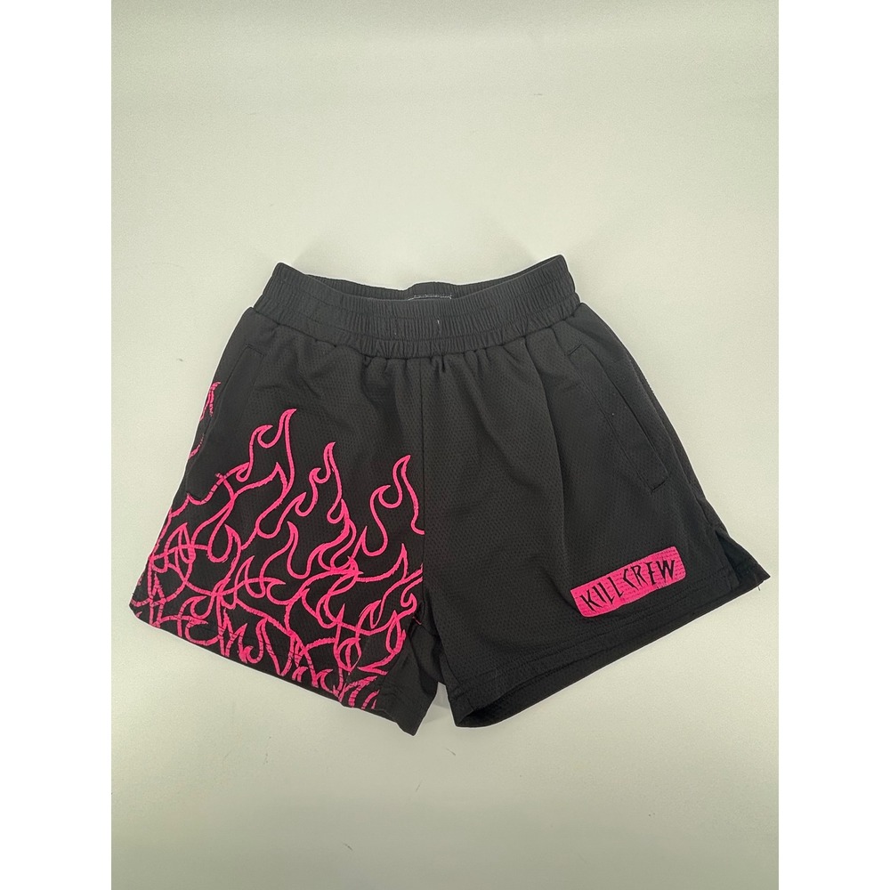 Kill Crew Mens Mesh Athletic Shorts Black Pink Flame Graphic Size Small